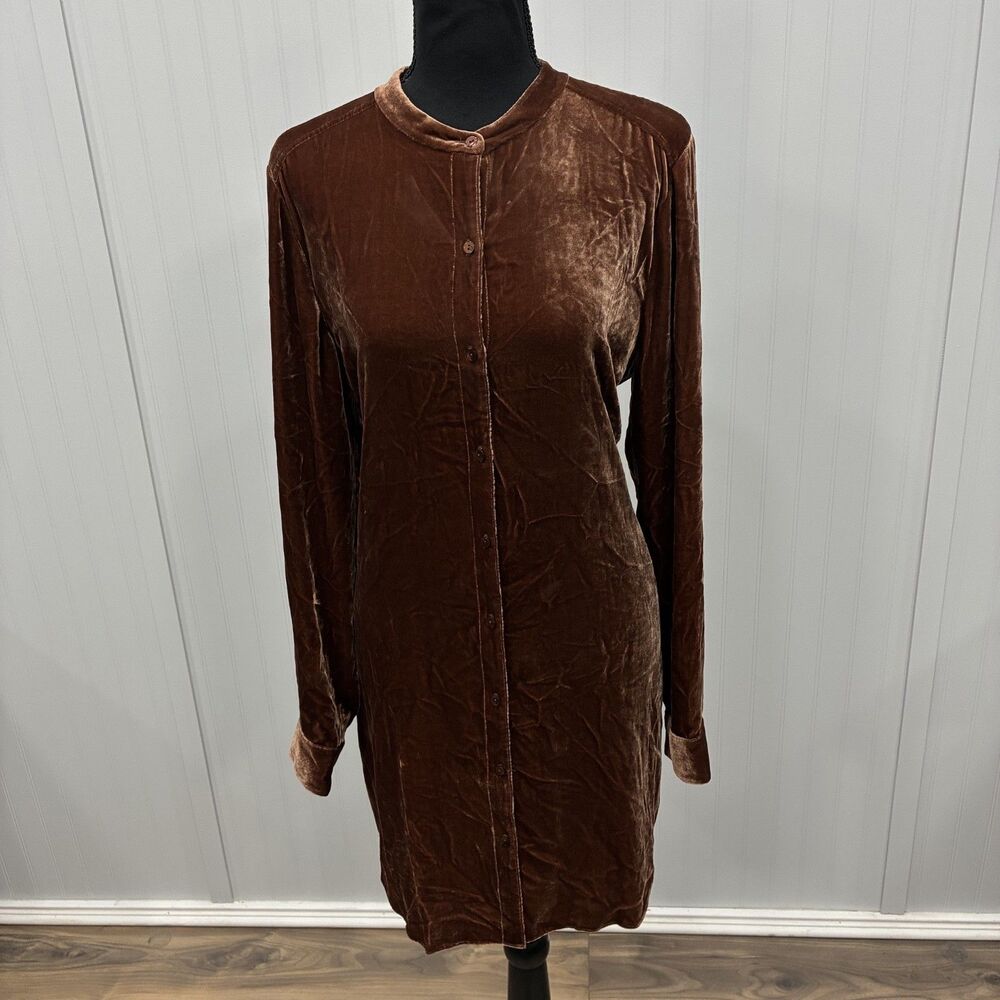 Eileen Fisher Women's Medium Brown Velvet Long Sleeve Shirt Dress Quiet Luxury